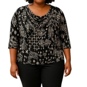 Vintage Tradition Printed Cowl Neck Top Black White Grey 3/4 Sleeves Pullover 2X